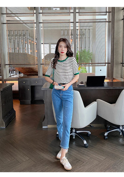 2025 Stripe Tops Women Knitted Round Collar Summer Print Short Sleeve Casual Simple Wild T-Shirt