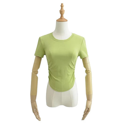 2024 Harajuku Women Crew Neck Short Sleeve Cotton Tee With Ruched Sides Detail T-shirts