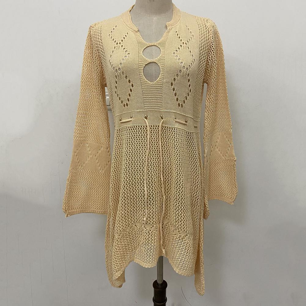 Sexy Women’s Bathing Suit Beach Cover Up Hollow Out Knitted Women Flared Sleeves Solid Color Beach Dress saida de praia