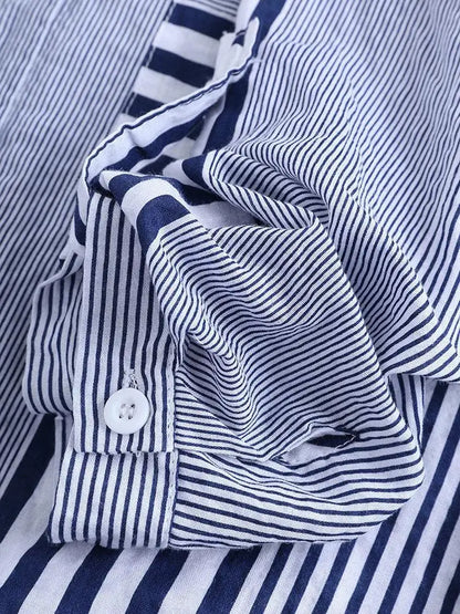 Women's Spring Fall Cotton Linen Long Sleeves Roll Up Striped Casual V Neck Button Down Shirts Blouses Collar Tunic Tops