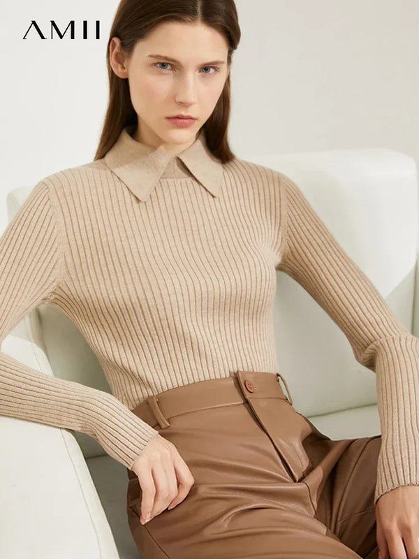 Amii Minimalism 2024 Sweater for Women Autumn New Office Lady Basic Lapel Striped Slim Knitted Tops Solid Trendy Blouse 12444058