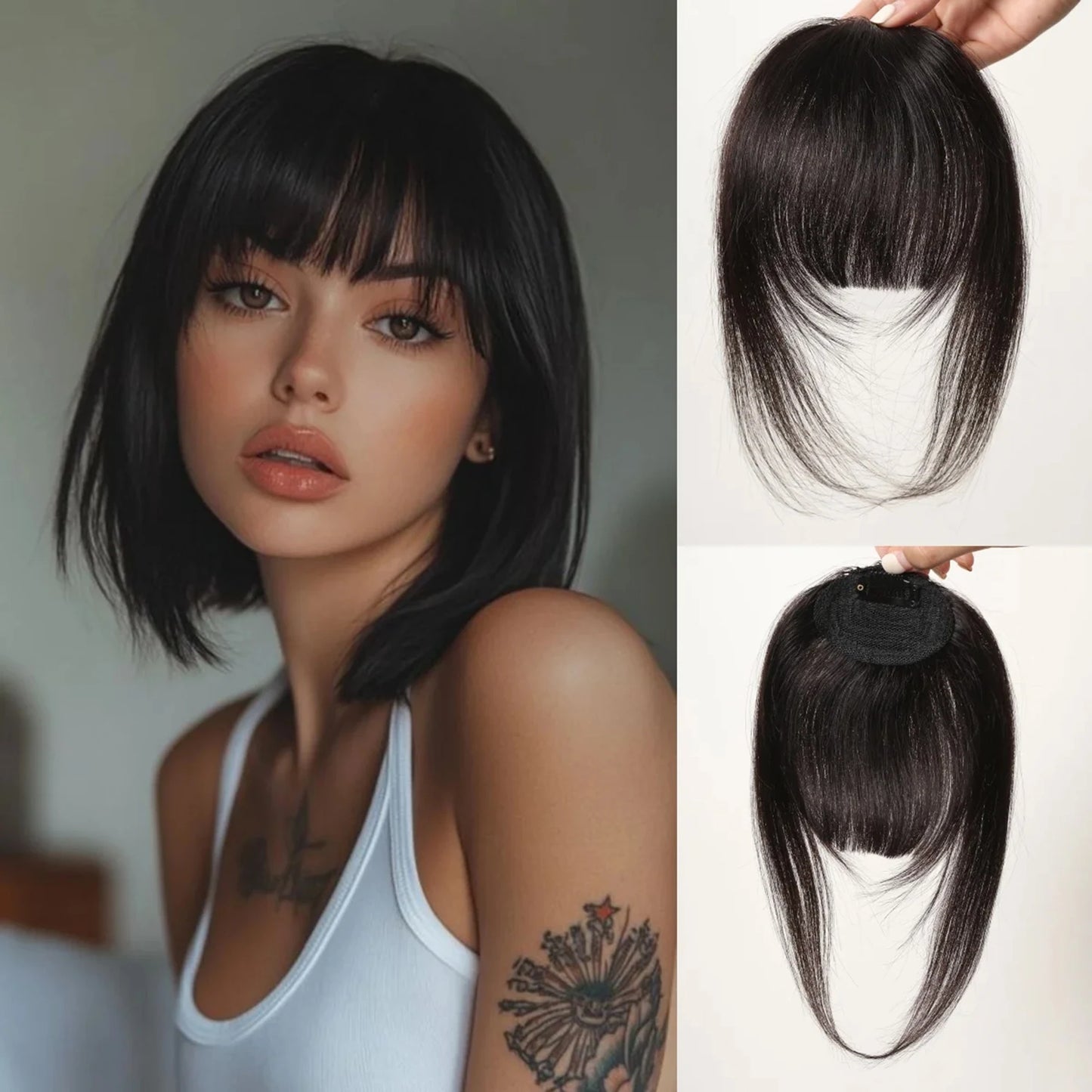 100% Human Hair Bangs Natural Brown Wispy Bang Hair Clip in Bangs Fringe with Temples Hairpiece for Women Clip on Air Bang 4.5in