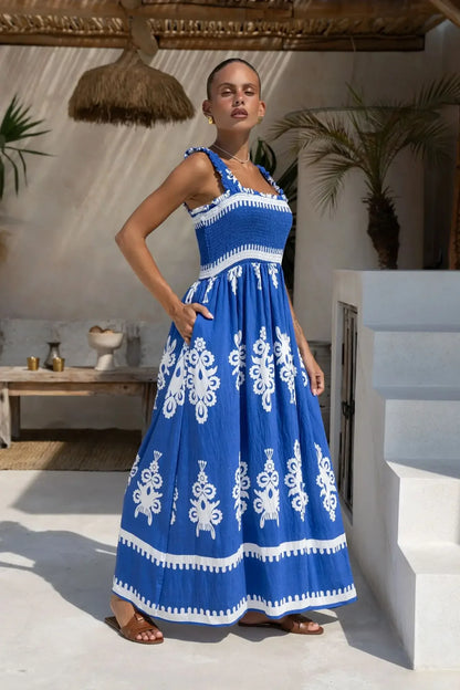 2025 Summer Fashion New Women's Bohemian Style Dress Beach Vacation Printed Strap Fold A-line Length Dress