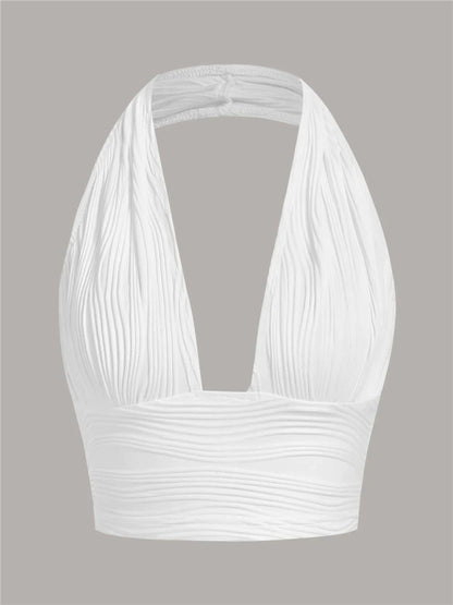 Solid White Backless Crop Halter Top Women Summer Y2K Club Grunge Clothes Deep V-neck Backless Sleeveless Tank Top Streetwear