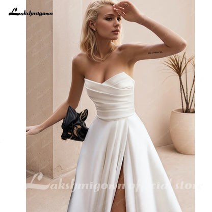 Lakshmigown Strapless Satin Wedding Dresses with Slit 2025 New Bridal Gowns Robe Sweep Train Sexy Vestidos De Novia Customized