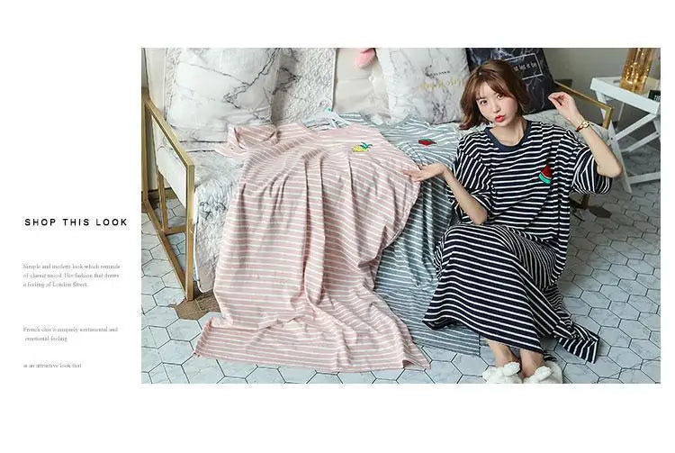 Summer Pajama Dress Female Short-Sleeved Cartoon Homewear Lengthened Plus Size Striped Student Pajamas Easy To Wash Long Clothes