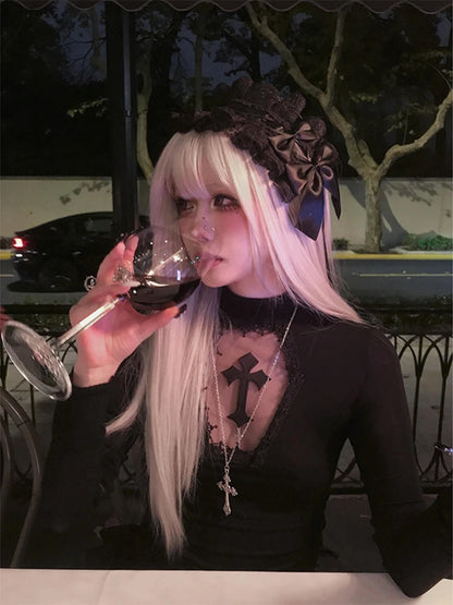 Turtleneck Top Y2k Clothes Black Gothic Cross Hollow Slimming Bottom T Shirt for Women Long Sleeve Sexy T-shirt Girls Tops