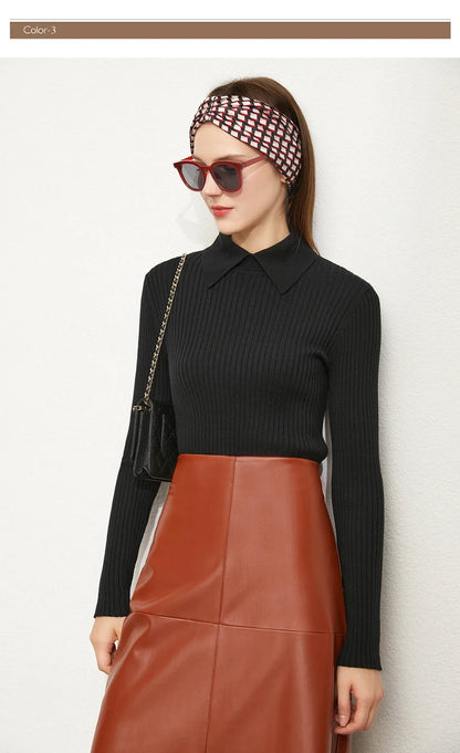 Amii Minimalism 2024 Sweater for Women Autumn New Office Lady Basic Lapel Striped Slim Knitted Tops Solid Trendy Blouse 12444058