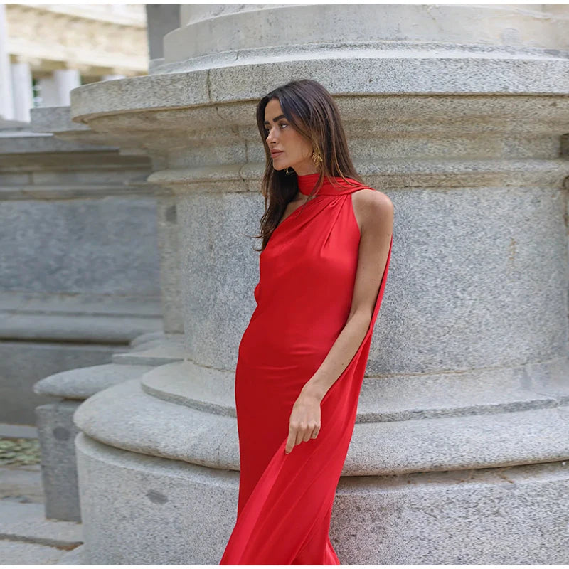 Elegant Solid Ribbon Women Halter Dress Off Shoulder Sleeveless Backless Slim Female Maxi Dresses 2025 Summer New Chic Lady Robe