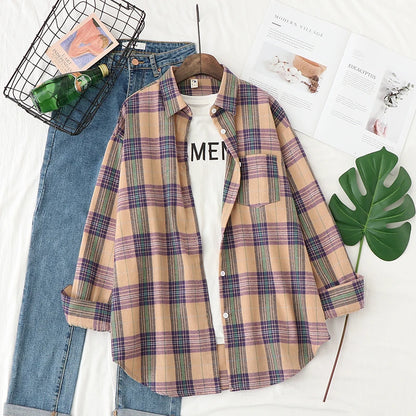 2025 New Fashion Loose Womens Plaid Shirt Fresh College Style Design Blouses And Tops Long Sleeve Casual Female Checked Clothes