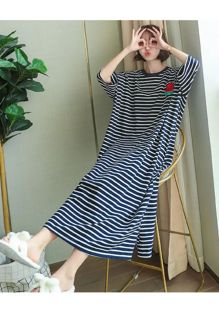 Summer Pajama Dress Female Short-Sleeved Cartoon Homewear Lengthened Plus Size Striped Student Pajamas Easy To Wash Long Clothes