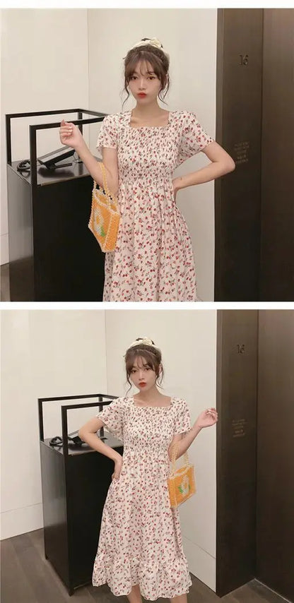 2025 New Spring Summer Dress Women Mini Dresses Female Short Sleeve Elastic Bust Printed Floral Pleated Backless Casual Dress