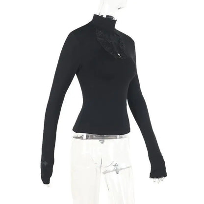 Turtleneck Top Y2k Clothes Black Gothic Cross Hollow Slimming Bottom T Shirt for Women Long Sleeve Sexy T-shirt Girls Tops