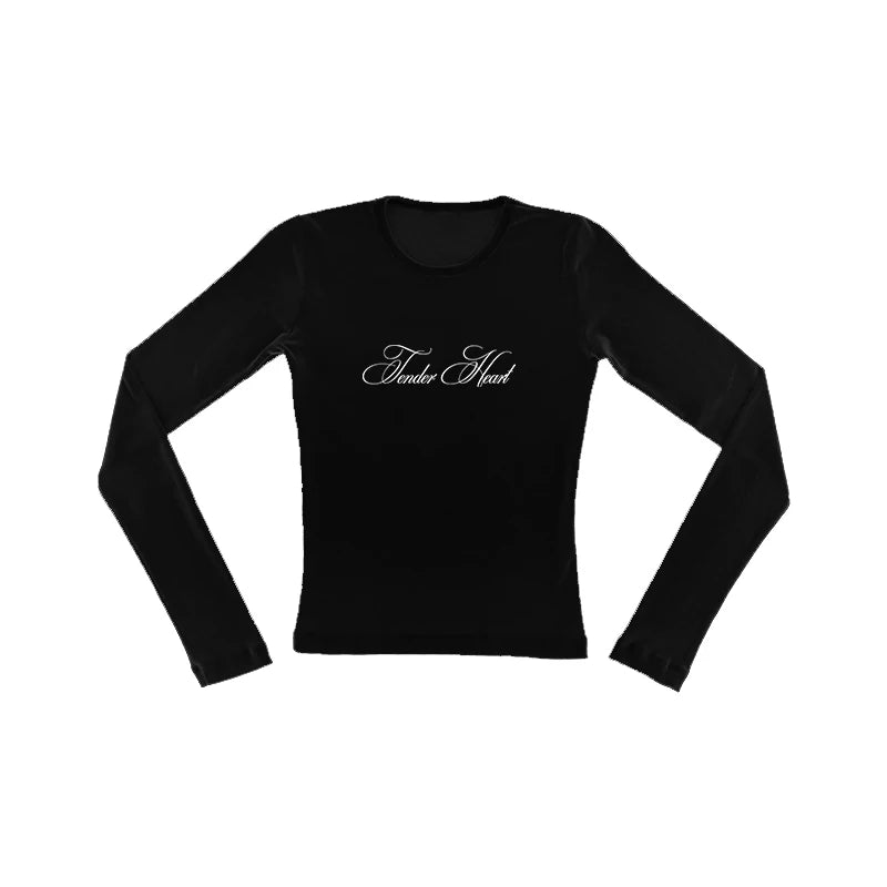 Y2K Emo Girl Gothic Letters Printed Casual Long Sleeve T-Shirt Harajuku Retro Punk Rock Hip Hop Aesthetic Top Women's Streetwear