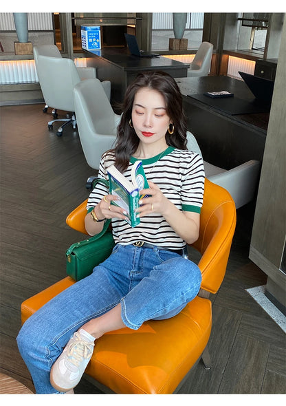 2025 Stripe Tops Women Knitted Round Collar Summer Print Short Sleeve Casual Simple Wild T-Shirt