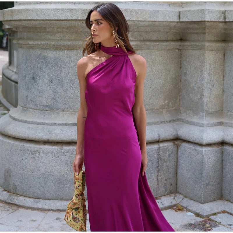Elegant Solid Ribbon Women Halter Dress Off Shoulder Sleeveless Backless Slim Female Maxi Dresses 2025 Summer New Chic Lady Robe