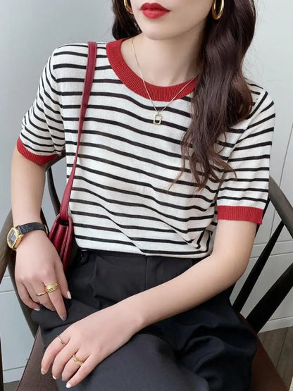 2025 Stripe Tops Women Knitted Round Collar Summer Print Short Sleeve Casual Simple Wild T-Shirt