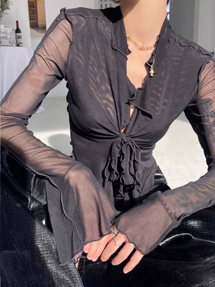 Long Flare Sleeve Blouses for Women Lace-up Mesh Sexy Sweet Hot Girls Korean Fashion Style All-match Solid Design Elegant Casual