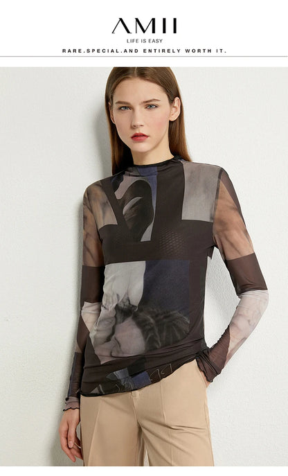 AMII Minimalism Long sleeve T-shirts for Women 2025 Spring New Bottoming Shirt Mesh Printing Inside Slim Trendy Tops 12421003