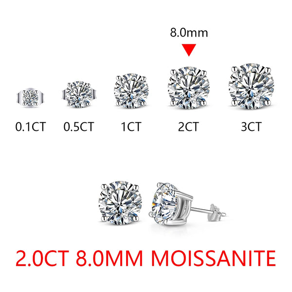 ATTAGEMS 2 Carat 8.0mm D Color Moissanite Stud Earrings For Women Top Quality 100% 925 Sterling Silver Sparkling Wedding Jewelry