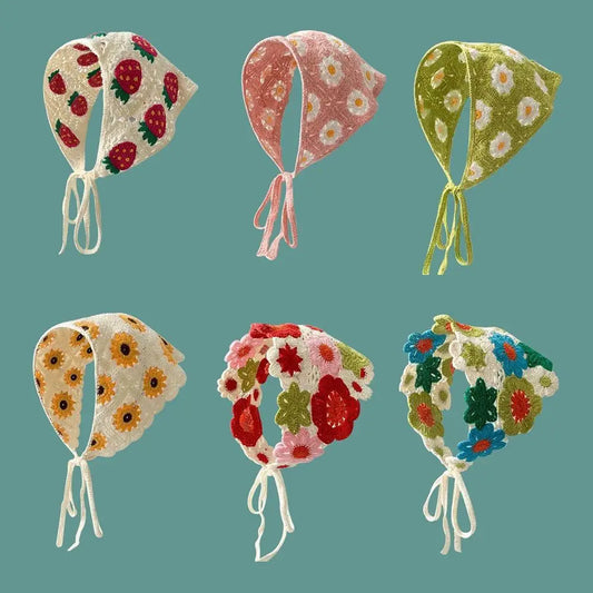 Korean Sweet Cute Handmade Crochet Hollow Triangle Headband Towel Women Spring and Summer Travel Literary Photo Hair Scarf