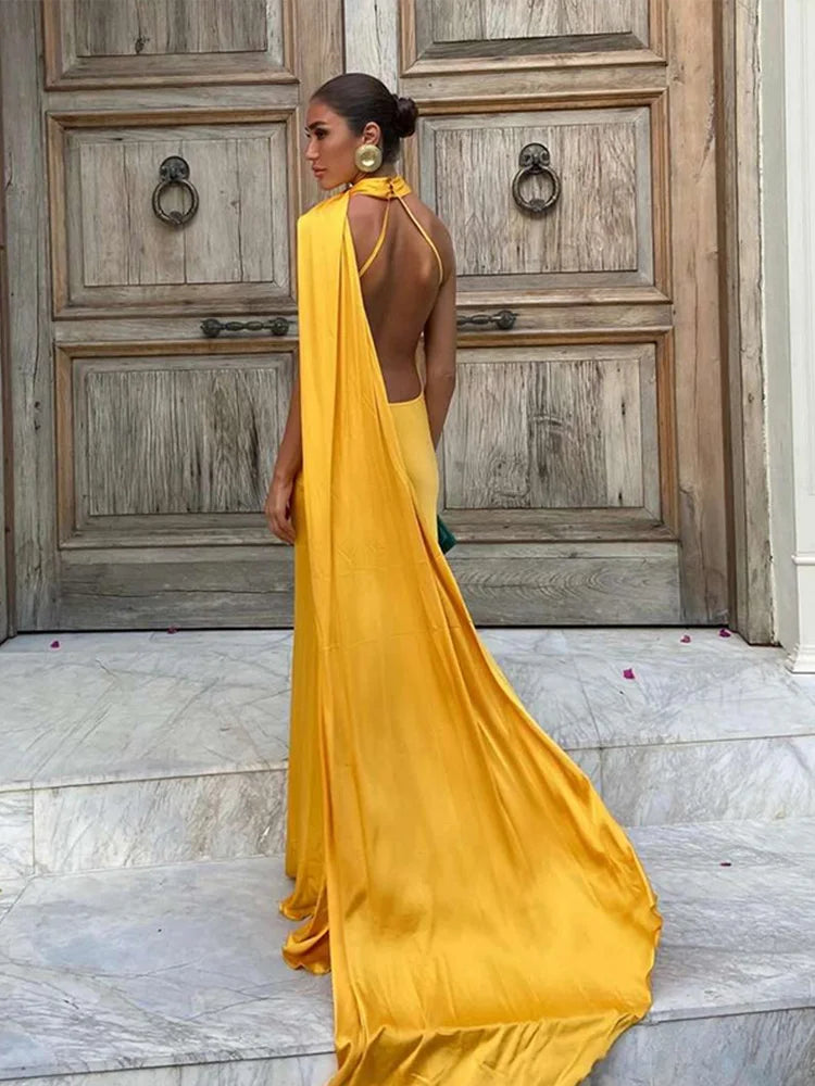 Elegant Solid Ribbon Women Halter Dress Off Shoulder Sleeveless Backless Slim Female Maxi Dresses 2025 Summer New Chic Lady Robe