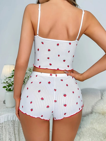 Women's Summer Lace Trim Sleeveless Pajamas Set Strawberry Print Camisole Short Shorts Sexy Sleepwear Cute Two-Piece Nightwear