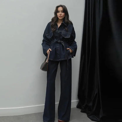 Women Two Pieces Set Denim Pant Sets Single Breasted Long Sleeve Belt Coat Wide Leg Trousers Jeans Female 2 Pieces Outfits