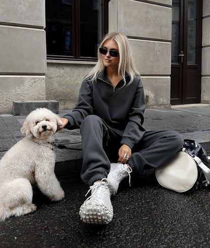 Autumn Women's Tracksuit with Zipper Cotton Oversize White Casual Two Piece Set Women  Classic Sports Trouser Suits for Women