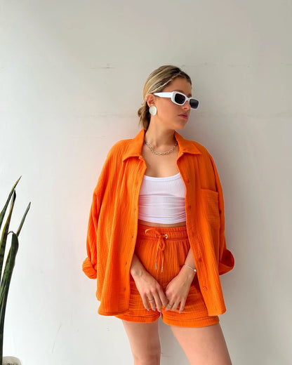 Solid Color Casual Loose Short Pants Sets For Women 2025 Elegant Summer Women's Two Pieces Suit Full Set Female Outfit Clothes