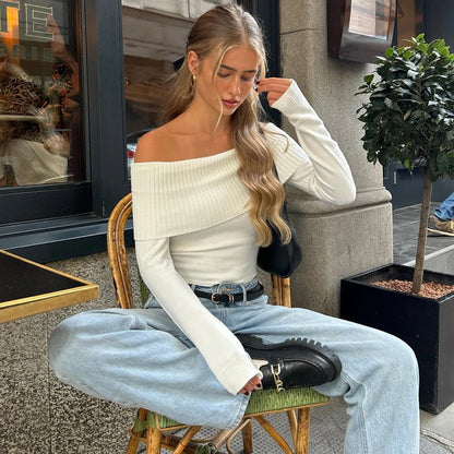 WhereMery Elegant Off Shoulder Ribbed Crop Tops Summer Fashion Casual Solid Skinny Long Sleeve Women's Gentle Y2K Tight T-shirts