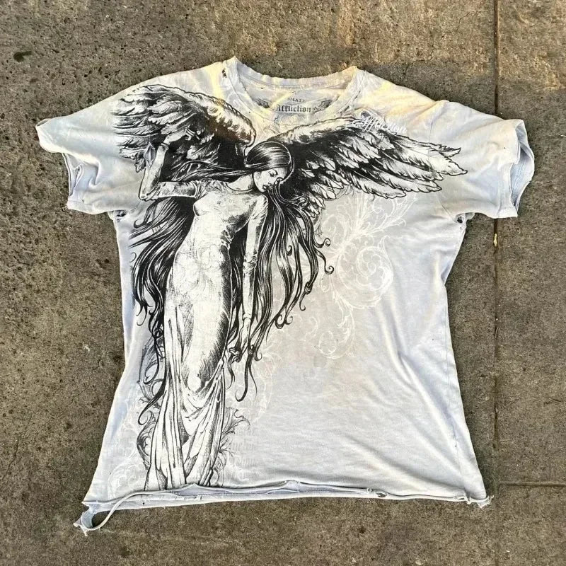 Y2K Affliction T Shirt Vintage Clothing Punk Hip Hop Graphic Print Oversized T shirt Women Round Neck Cotton Short Sleeve Tops