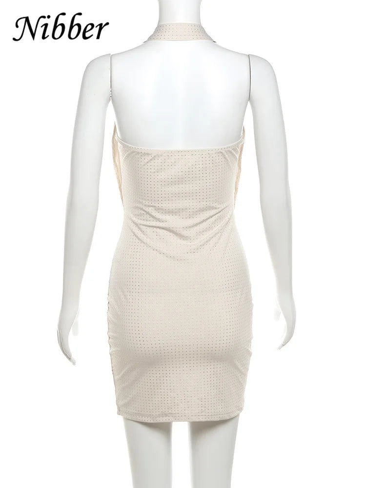 Nibber Glue Point Drills Solid Color Mini Dress Women Fashion Deep V-neck Strapless Dresses Female Trend Streetwear Clothing