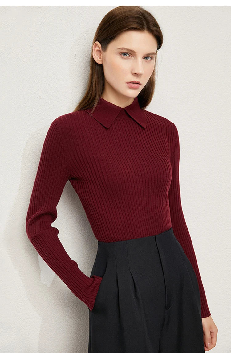 Amii Minimalism 2024 Sweater for Women Autumn New Office Lady Basic Lapel Striped Slim Knitted Tops Solid Trendy Blouse 12444058