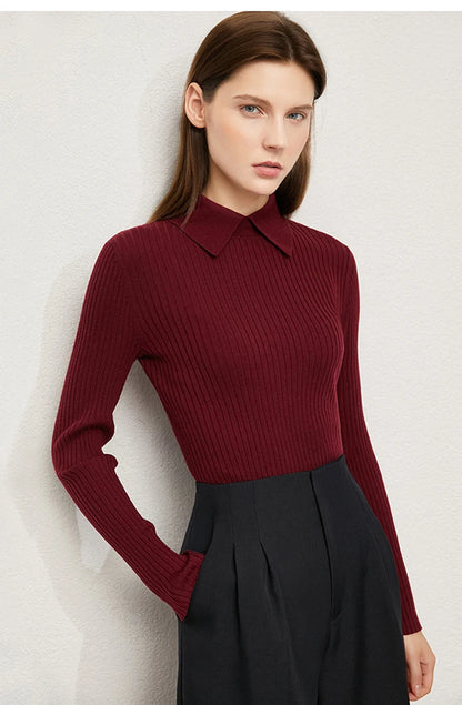 Amii Minimalism 2024 Sweater for Women Autumn New Office Lady Basic Lapel Striped Slim Knitted Tops Solid Trendy Blouse 12444058
