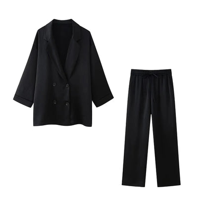 TRZA-Women's Double-Breasted Loose Blazer Coat and High Elastic Waist Wide Leg Pants, Female Two Piece Sets, Fashion