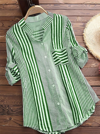 Women's Spring Fall Cotton Linen Long Sleeves Roll Up Striped Casual V Neck Button Down Shirts Blouses Collar Tunic Tops