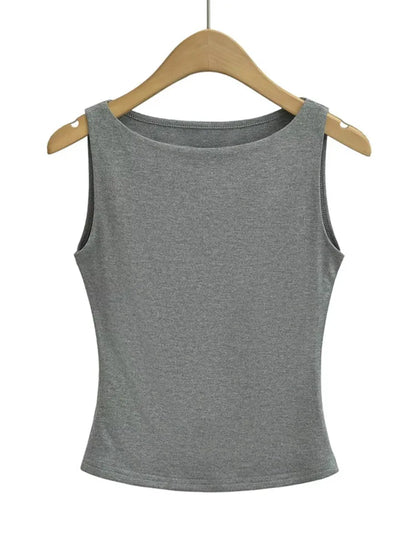 Women Double Layer Boat Neck Soft Slinky Tank Top