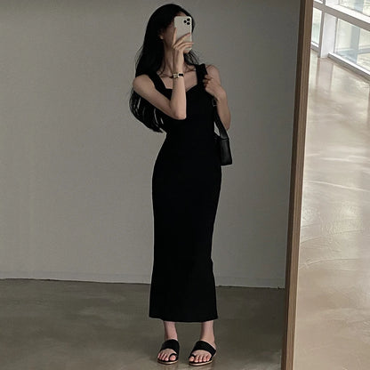 CIBBAR Basic Knit Long Dress Korean Fashion Square Collar Sleeveless Women's Dresses Summer Casual Y2k Vintage All-match Outfits