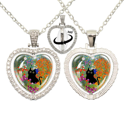 Lovely Little Cat Glass Cabochon 360 Degree Rotating Heart Shaped Pendant With Double-Sided Necklace For Girls' Birthday Gift Je