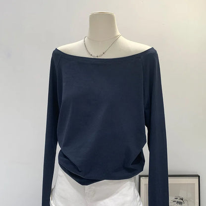 Autumn Winter One Shoulder Cotton Long Sleeve Slant Shoulder Women's Clothing Style Interior Wide Truffle Shoulder Base Shirt
