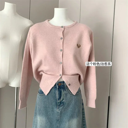 Yaminiya Autumn 2024 O-Neck Knit Sweater Sweet Cartoon Embroidery Casual Tops Japanese Fashion Single Breasted Cardigan Harajuku