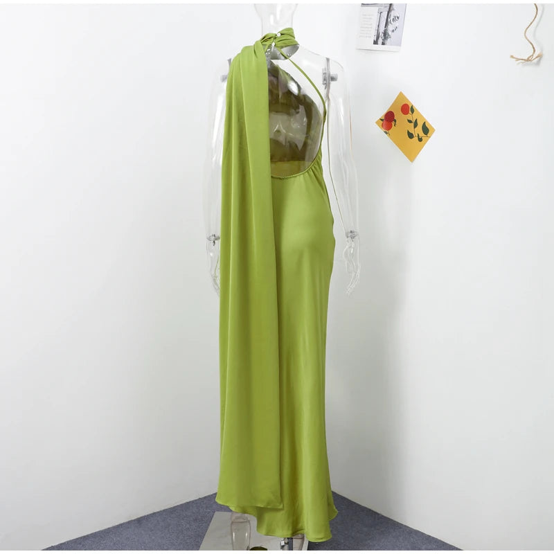 Elegant Solid Ribbon Women Halter Dress Off Shoulder Sleeveless Backless Slim Female Maxi Dresses 2025 Summer New Chic Lady Robe