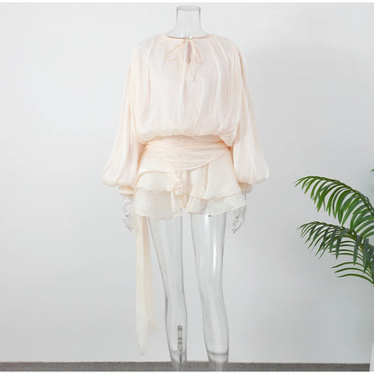 Elegant Ruffles Shiny Mini Dresses Fashion Solid Long Sleeve Lace Up V Neck Pleated Dress New Summer Party Women's Vestidos 2025