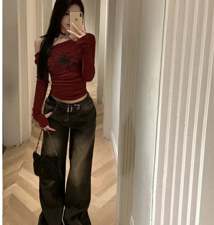 Women Y2K Gothic Grunge T Shirts Off Shoulder 2023 Autumn Streetwear Fairycore Hip Hop Tops Punk Casual Tees Female Clothes