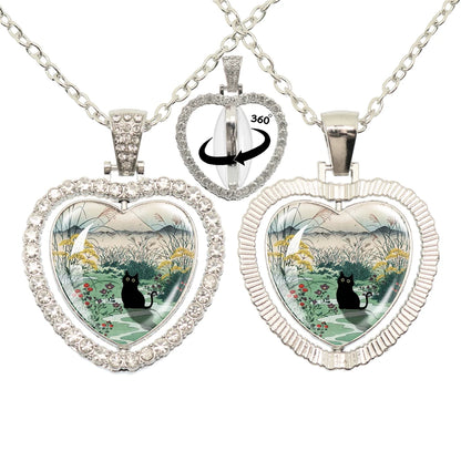 Lovely Little Cat Glass Cabochon 360 Degree Rotating Heart Shaped Pendant With Double-Sided Necklace For Girls' Birthday Gift Je