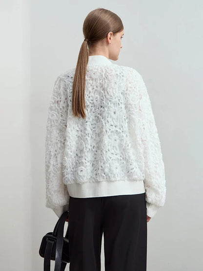 AMII Minimalist Zipper Jacket Women 2025 Spring New V Neck Stereoscopic Hollow Flowers Drop Sleeve Loose Casual Tops 12541004