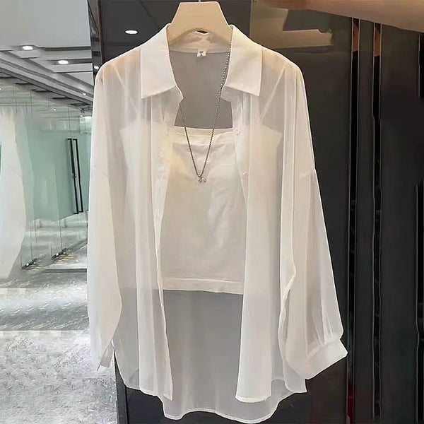 Sheer Chiffon Shirt Women's Casual UV Resistant Cardigan Summer Thin Commuting Coat Japanese Fashion Mesh Sunscreen Clothing Y2k