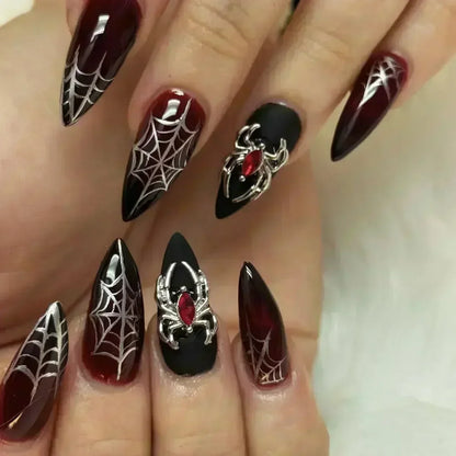 24Pcs False Nails Spicy Girl Silver Bow with Diamond Fake Nails with Glue Almond Press on Nails Black Cool Y2k Almond Nail Set