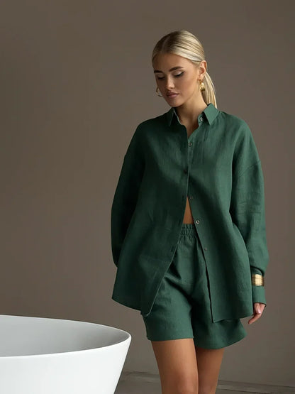 Wolfeel Women's Casual Shorts Sets 100% Cotton Solid Color Cozy Lapel Long Sleeve Shirt Summer New Elastic Waist Shorts Suits